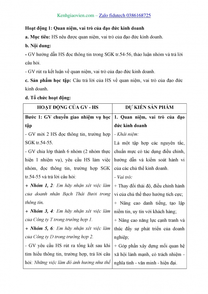 Giáo án và PPT Kinh tế pháp luật 11 chân trời Bài 8: Đạo đức kinh doanh