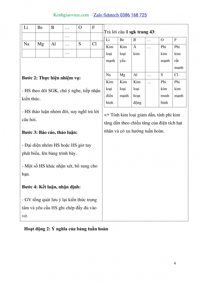 Giáo án và PPT Hoá học 10 kết nối Bài 8: Định luật tuần hoàn. Ý nghĩa của bảng tuần hoàn các nguyên tố hoá học