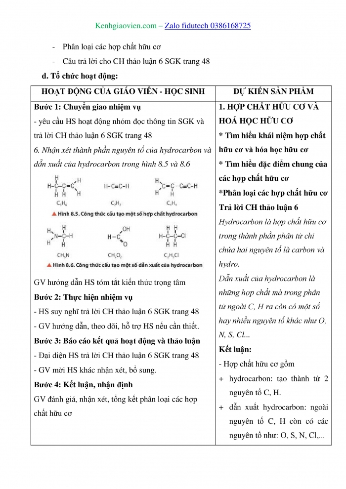 Giáo án và PPT Hoá học 11 chân trời Bài 8: Hợp chất hữu cơ và hoá học hữu cơ