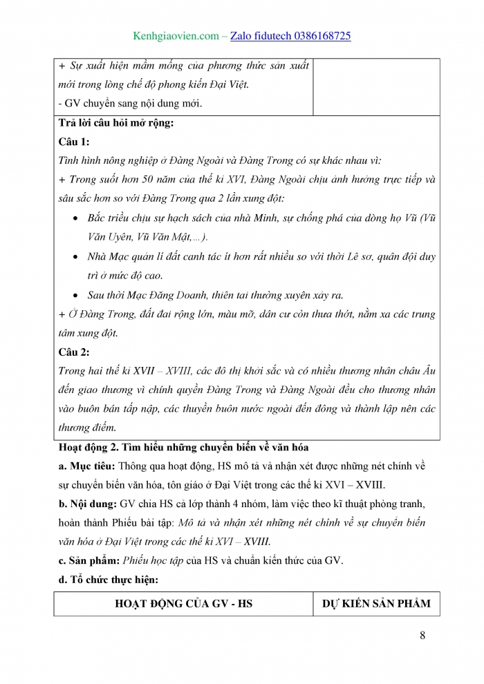 Giáo án và PPT Lịch sử 8 cánh diều Bài 8: Kinh tế, văn hoá và tôn giáo Đại Việt trong các thế kỉ XVI - XVIII