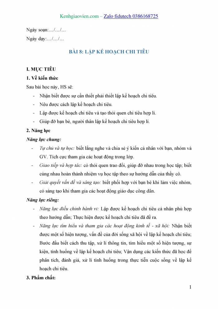 Giáo án và PPT Công dân 8 chân trời Bài 8: Lập kế hoạch chi tiêu