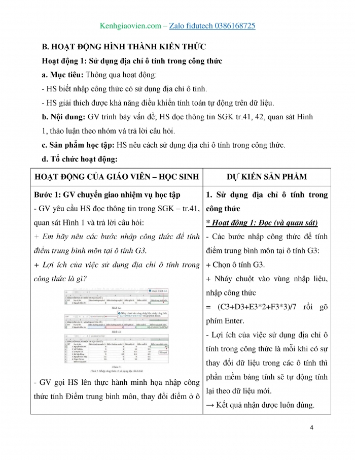 Giáo án và PPT Tin học 7 chân trời Bài 8: Sử dụng địa chỉ ô tính trong công thức