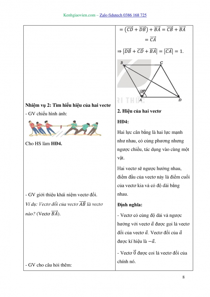 Giáo án và PPT Toán 10 kết nối Bài 8: Tổng và hiệu của hai vectơ
