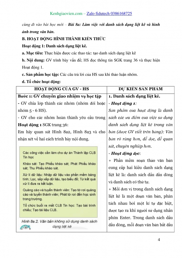 Giáo án và PPT Tin học 8 kết nối Bài 8a: Làm việc với danh sách dạng liệt kê và hình ảnh trong văn bản