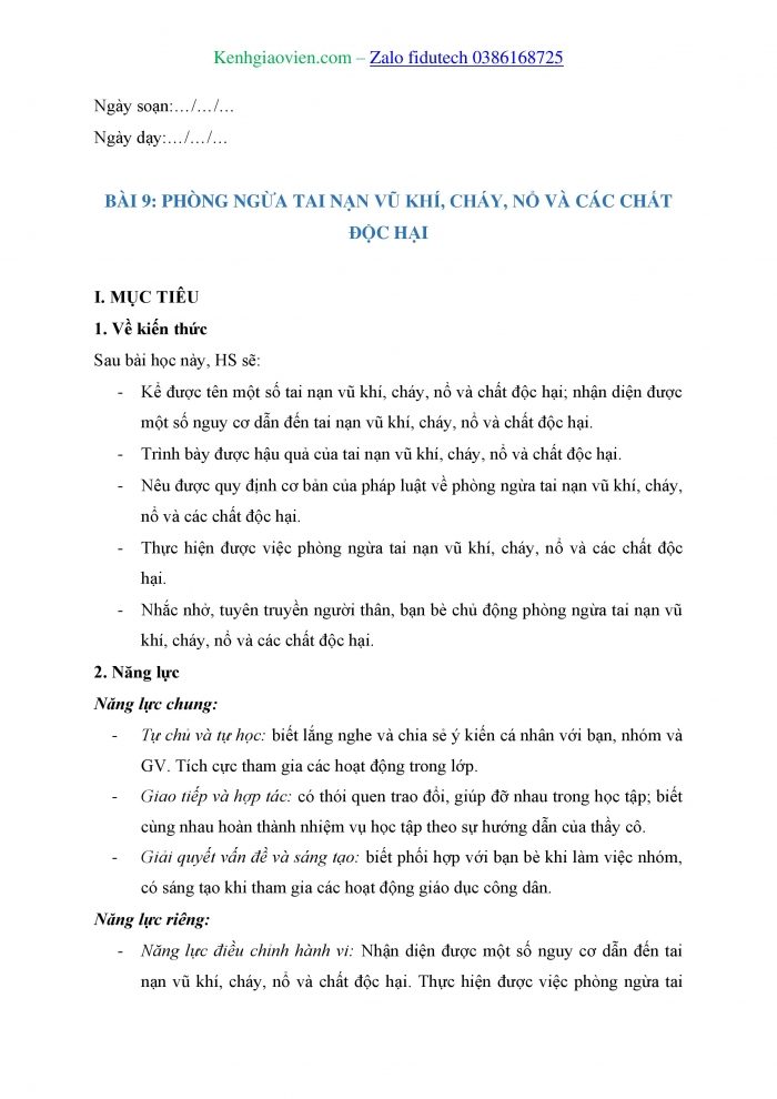 Giáo án và PPT Công dân 8 chân trời Bài 9: Phòng ngừa tai nạn vũ khí, cháy, nổ và các chất độc hại