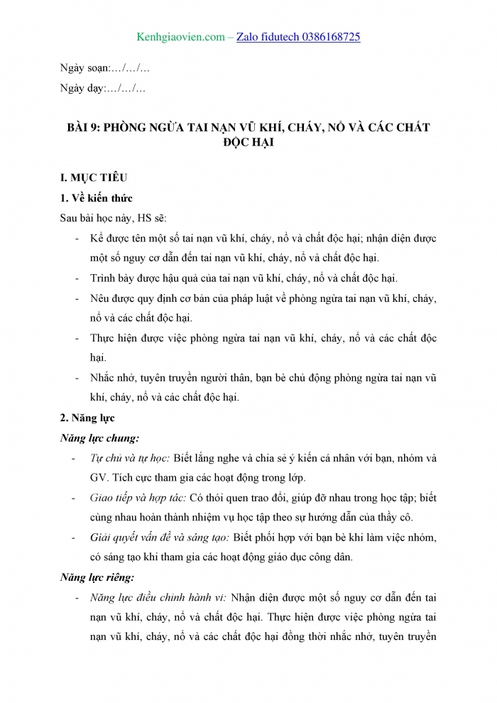 Giáo án và PPT Công dân 8 cánh diều Bài 9: Phòng ngừa tai nạn vũ khí, cháy, nổ và các chất độc hại