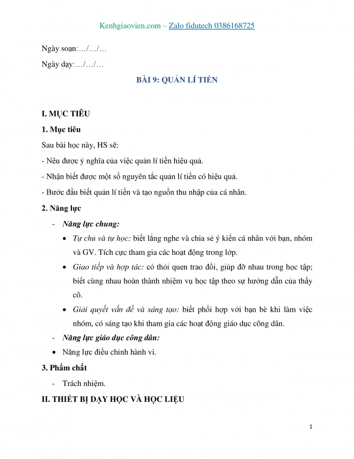 Giáo án và PPT Công dân 7 chân trời Bài 9: Quản lí tiền
