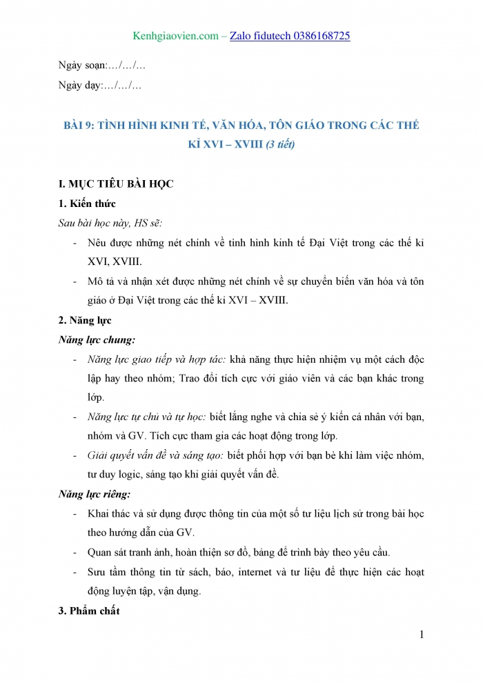 Giáo án và PPT Lịch sử 8 kết nối Bài 9: Tình hình kinh tế, văn hoá, tôn giáo trong các thế kỉ XVI – XVIII