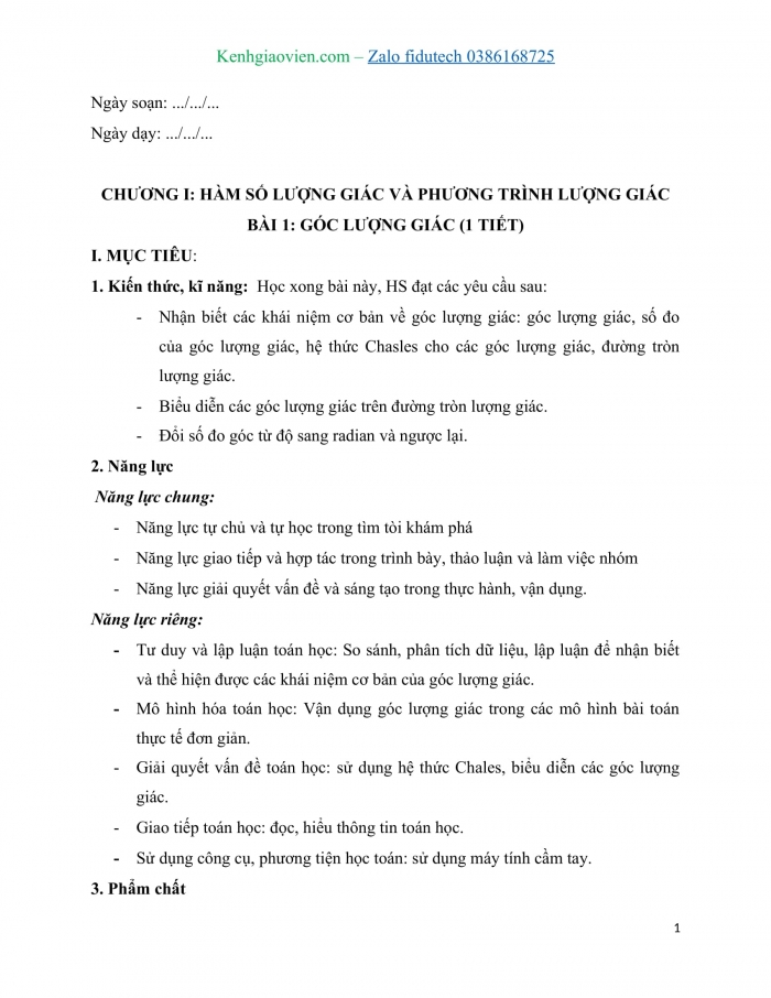 Giáo án và PPT Toán 11 chân trời Bài 1: Góc lượng giác