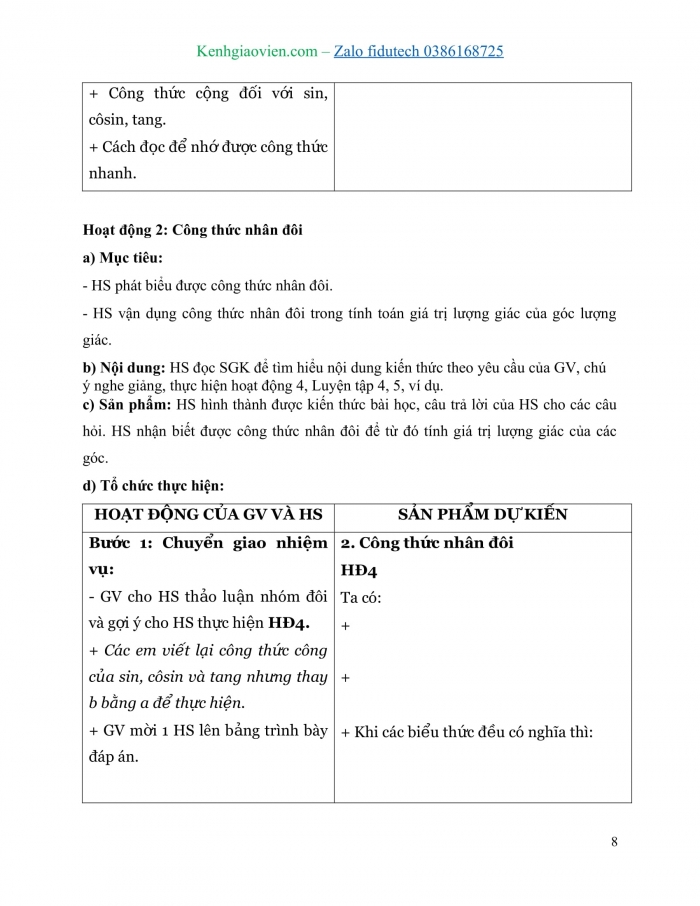 Giáo án và PPT Toán 11 cánh diều Bài 2: Các phép biến đổi lượng giác