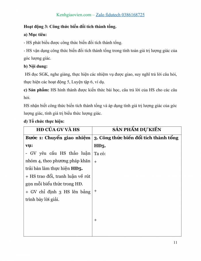 Giáo án và PPT Toán 11 cánh diều Bài 2: Các phép biến đổi lượng giác