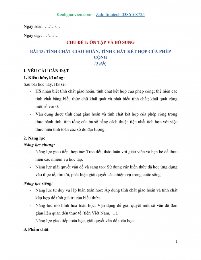 Giáo án và PPT Toán 4 chân trời Bài 13: Tính chất giao hoán, tính chất kết hợp của phép cộng