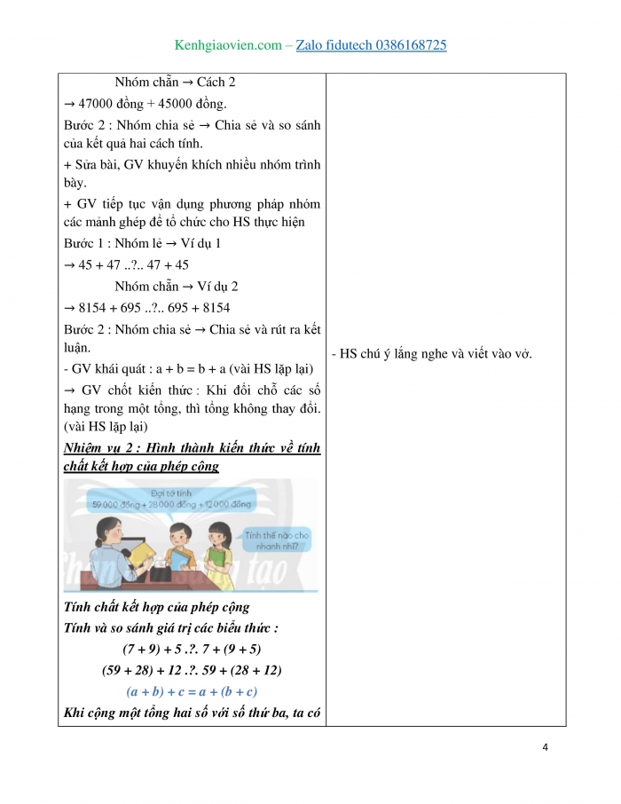 Giáo án và PPT Toán 4 chân trời Bài 13: Tính chất giao hoán, tính chất kết hợp của phép cộng