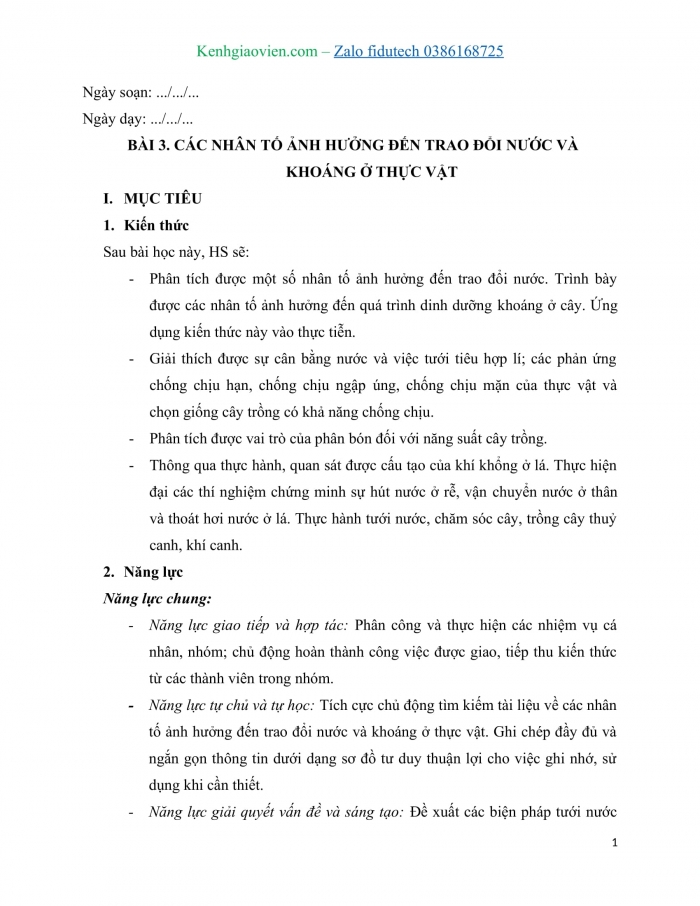 Giáo án và PPT Sinh học 11 cánh diều Bài 3: Các nhân tố ảnh hưởng đến trao đổi nước và khoáng ở thực vật