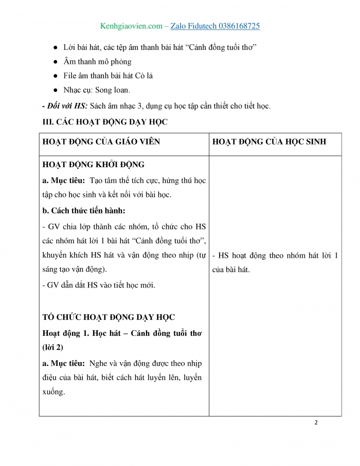 Giáo án và PPT Âm nhạc 3 chân trời Tiết 2: Ôn tập bài hát (lời 1), học hát lời 2 Cánh đồng tuổi thơ, Thực hành sáng tạo vận động, thể hiện âm thanh các con vật và sự vật, Nhạc cụ Làm quen gõ thanh phách Luyện tập mẫu âm