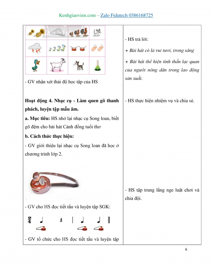 Giáo án và PPT Âm nhạc 3 chân trời Tiết 2: Ôn tập bài hát (lời 1), học hát lời 2 Cánh đồng tuổi thơ, Thực hành sáng tạo vận động, thể hiện âm thanh các con vật và sự vật, Nhạc cụ Làm quen gõ thanh phách Luyện tập mẫu âm