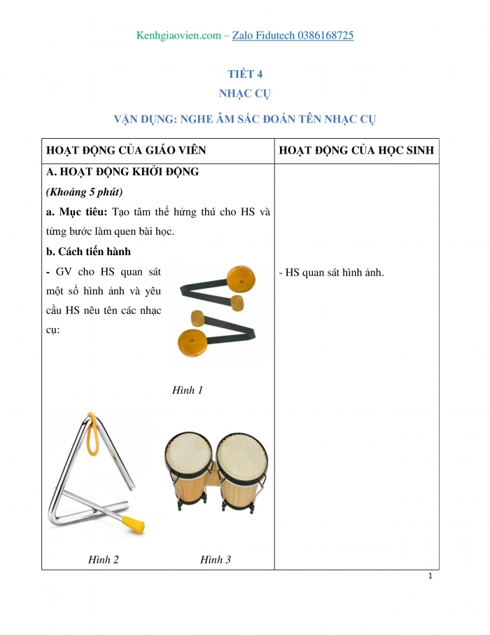 Giáo án và PPT Âm nhạc 3 cánh diều Tiết 4: Nhạc cụ, Vận dụng Nghe âm sắc đoán tên nhạc cụ