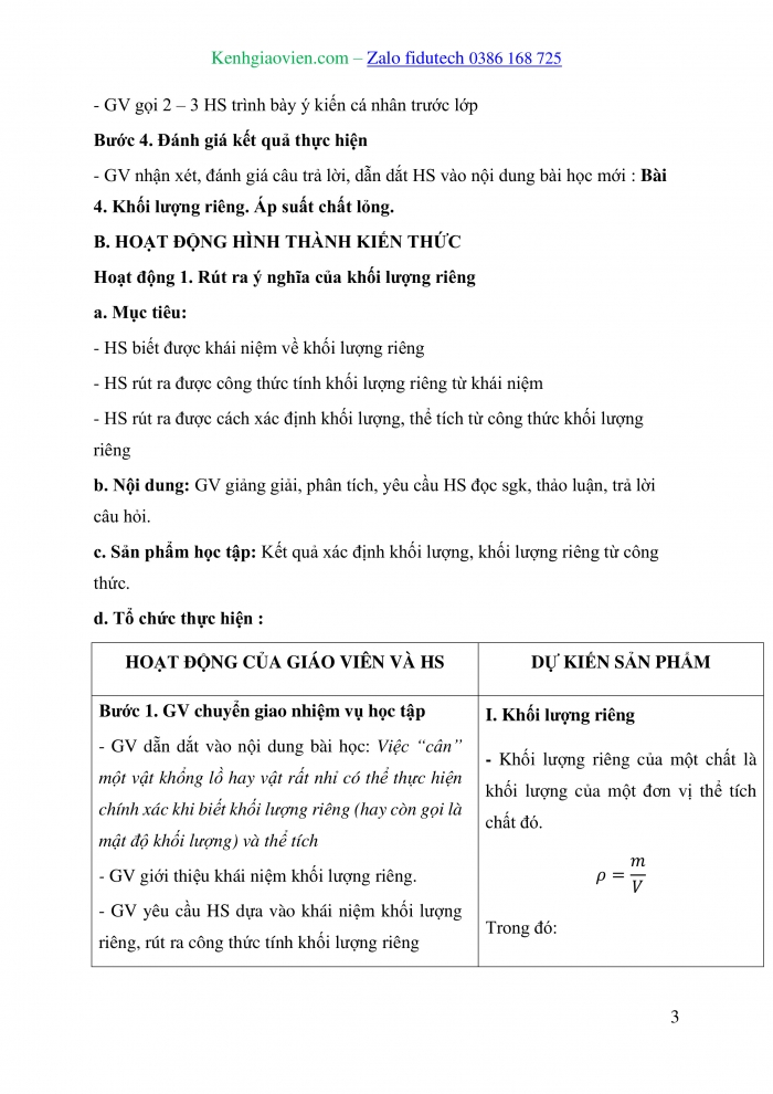 Giáo án và PPT Vật lí 10 cánh diều Bài 4: Khối lượng riêng. Áp suất chất lỏng