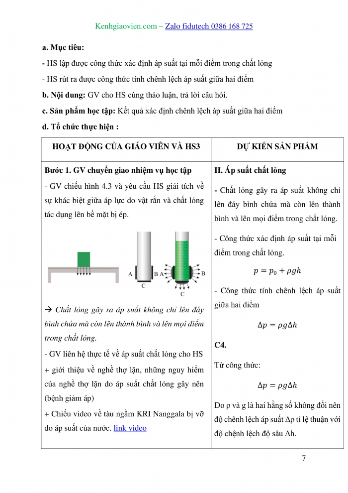 Giáo án và PPT Vật lí 10 cánh diều Bài 4: Khối lượng riêng. Áp suất chất lỏng