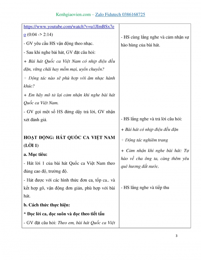 Giáo án và PPT Âm nhạc 3 chân trời Tiết 1: Khám phá Nghe, cảm thụ và vận động âm nhạc có tính chất hào hùng, Hát lời 1 Quốc ca Việt Nam