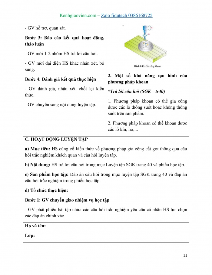 Giáo án và PPT Công nghệ cơ khí 11 cánh diều Bài 8: Phương pháp gia công cắt gọt