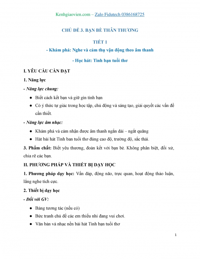 Giáo án và PPT Âm nhạc 3 chân trời Tiết 1: Khám phá Nghe, cảm thụ và vận động theo âm thanh, Học hát Tình bạn tuổi thơ