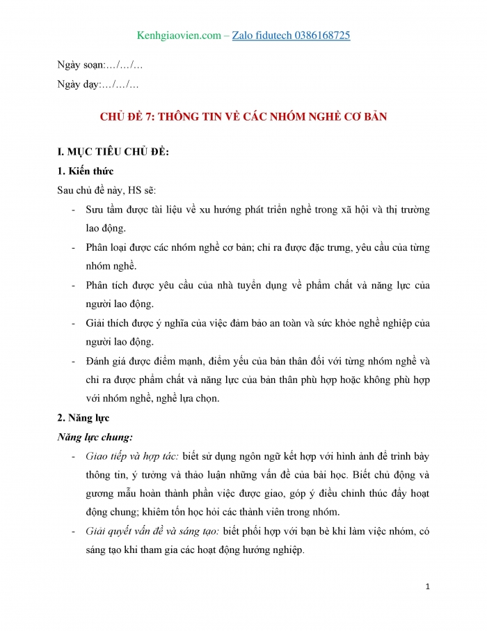 Giáo án và PPT Hoạt động trải nghiệm 11 chân trời bản 1 Chủ đề 7: Thông tin về các nhóm nghề cơ bản