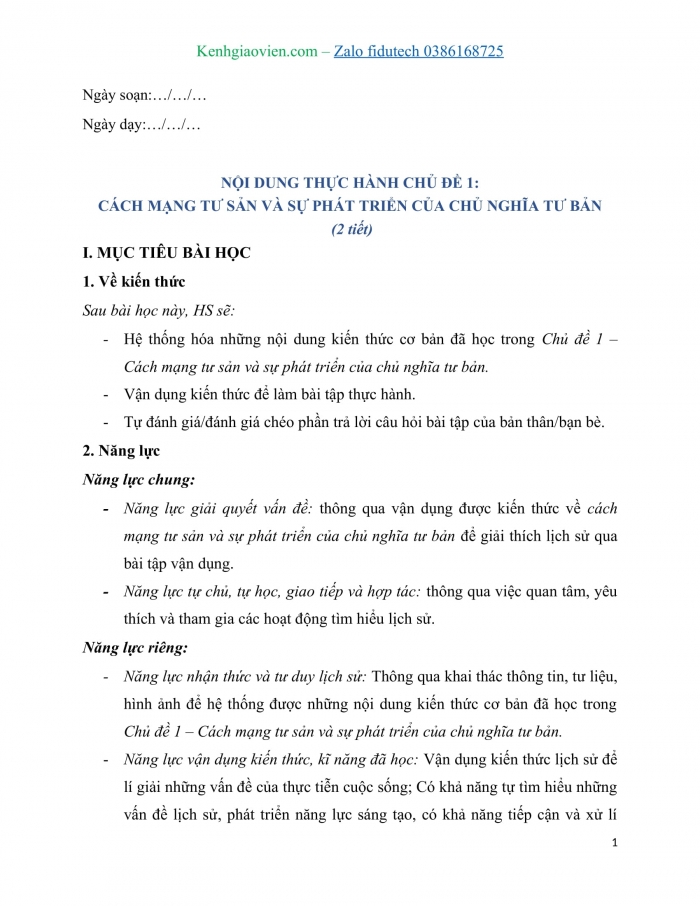 Giáo án Lịch sử 11 cánh diều: Thực hành Chủ đề 1: Cách mạng tư sản và sự phát triển của Chủ nghĩa tư bản