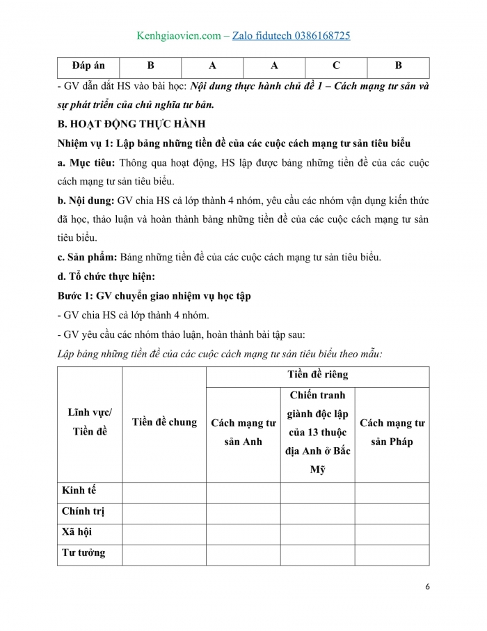 Giáo án Lịch sử 11 cánh diều: Thực hành Chủ đề 1: Cách mạng tư sản và sự phát triển của Chủ nghĩa tư bản