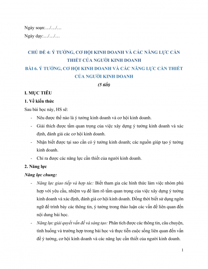 Giáo án và PPT Kinh tế pháp luật 11 kết nối Bài 6: Ý tưởng, cơ hội kinh doanh và các năng lực cần thiết của người kinh doanh