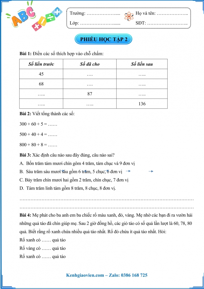 Phiếu học tập toán 3 cánh diều