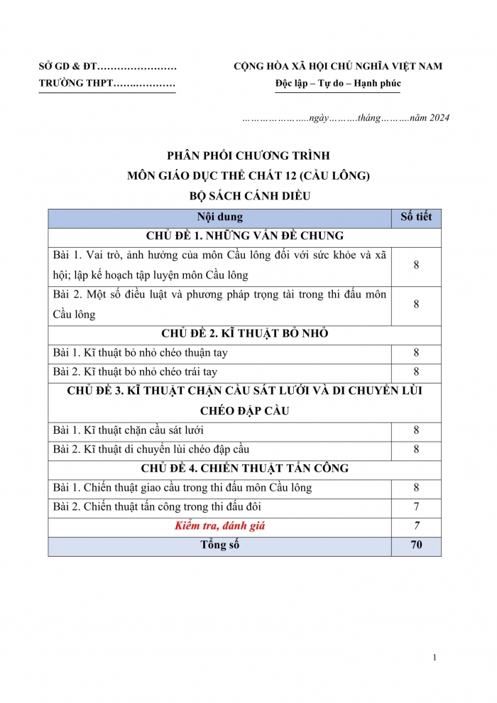 PPCT Thể dục 12 cầu lông cánh diều