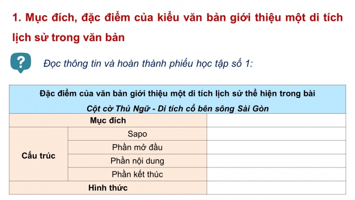 Giáo án điện tử Ngữ văn 9 chân trời Bài 3: Cột cờ Thủ Ngữ - di tích cổ bên sông Sài Gòn (Theo Ngô Nam)