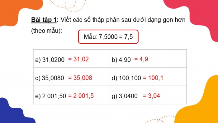 Giáo án PPT dạy thêm Toán 5 Chân trời bài 20: Số thập phân bằng nhau