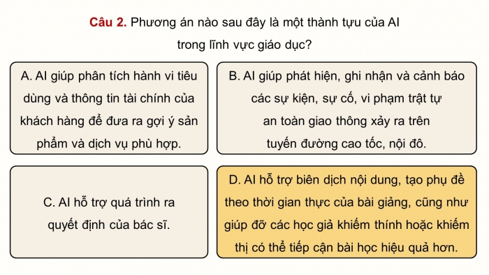 Giáo án điện tử Tin học ứng dụng 12 chân trời Bài A2: Trí tuệ nhân tạo và cuộc sống (P2)