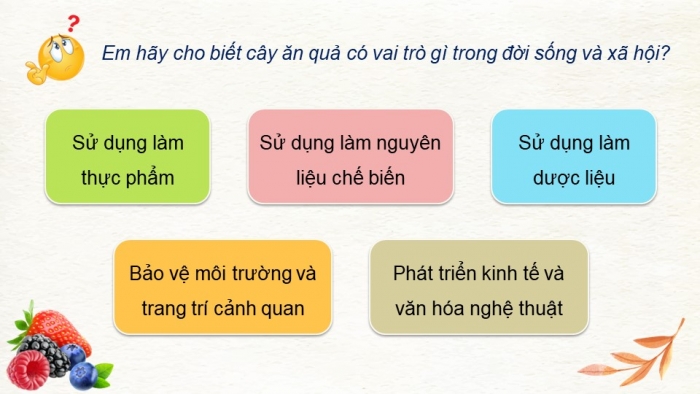 Giáo án điện tử Công nghệ 9 Trồng cây ăn quả Cánh diều Bài 1: Đặc điểm chung của cây ăn quả