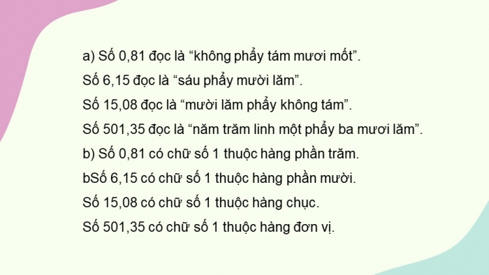 Giáo án PPT dạy thêm Toán 5 Chân trời bài 19: Hàng của số thập phân. Đọc, viết số thập phân