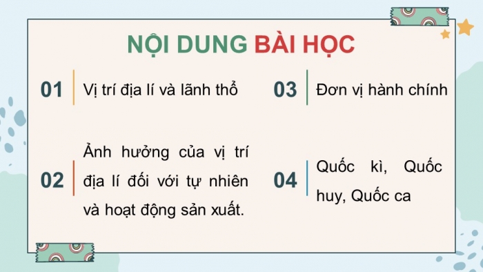 Giáo án điện tử Lịch sử và Địa lí 5 chân trời Bài 1: Vị trí địa lí, lãnh thổ, đơn vị hành chính, Quốc kì, Quốc huy, Quốc ca