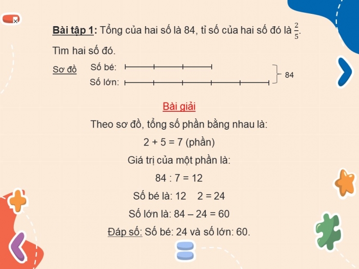 Giáo án PPT dạy thêm Toán 5 Chân trời bài 10: Tìm hai số khi biết tổng và tỉ số của hai số đó