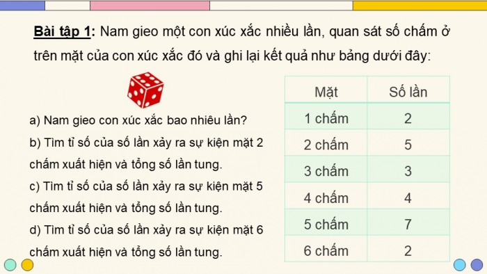 Giáo án PPT dạy thêm Toán 5 Chân trời bài 6: Tỉ số của số lần lặp lại một sự kiện so với tổng số lần thực hiện