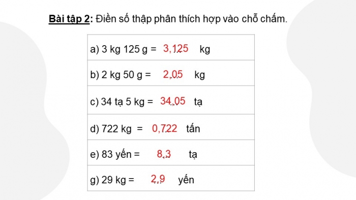 Giáo án PPT dạy thêm Toán 5 Chân trời bài 25: Viết các số đo khối lượng dưới dạng số thập phân