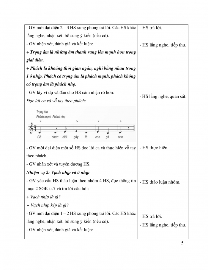 Giáo án và PPT Âm nhạc 5 kết nối Tiết 1: Lí thuyết âm nhạc Trọng âm, phách, vạch nhịp, ô nhịp; Đọc nhạc Bài số 1