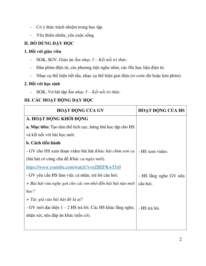 Giáo án và PPT Âm nhạc 5 kết nối Tiết 3: Ôn bài hát Chim sơn ca, Thường thức âm nhạc Một số hình thức biểu diễn nhạc cụ