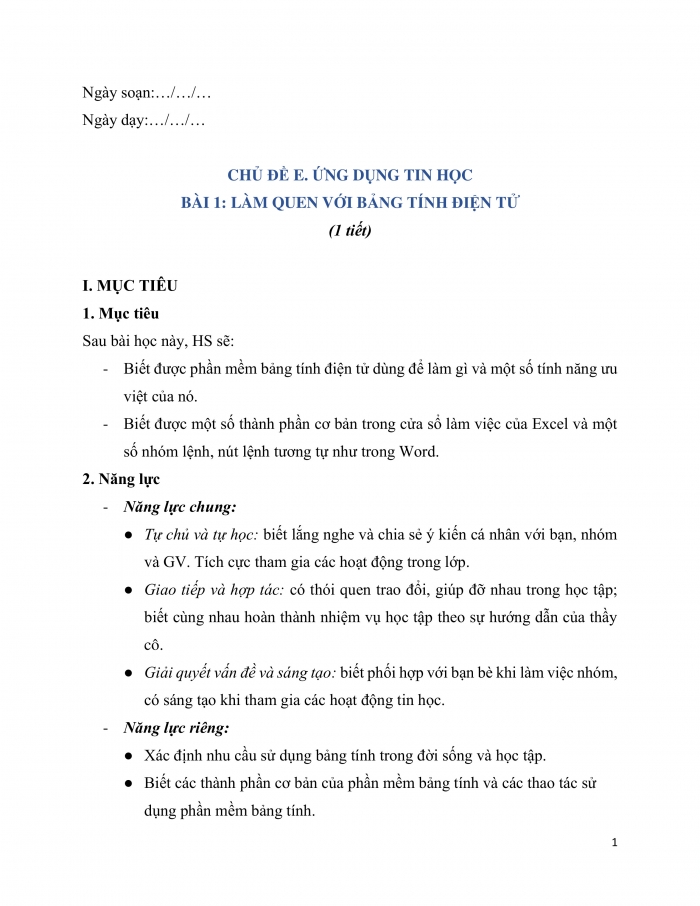 Giáo án và PPT Tin học 7 cánh diều Bài 1: Làm quen với bảng tính điện tử