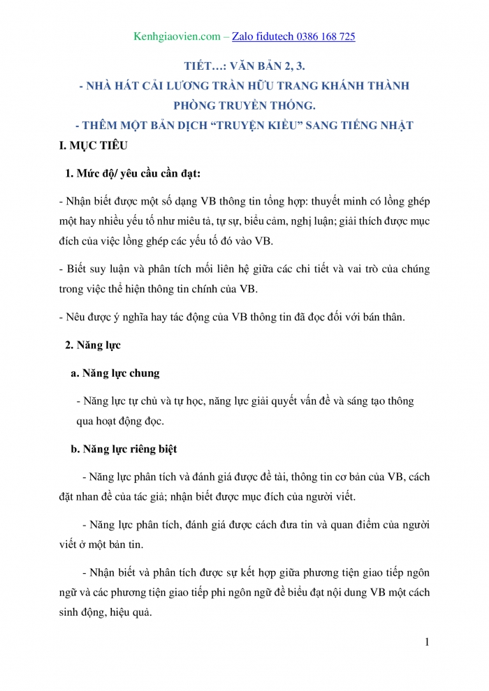 Giáo án và PPT Ngữ văn 10 chân trời Bài 4: Nhà hát Cải lương Trần Hữu Trang khánh thành phòng truyền thống; Thêm một bản dịch “Truyện Kiều” sang tiếng Nhật