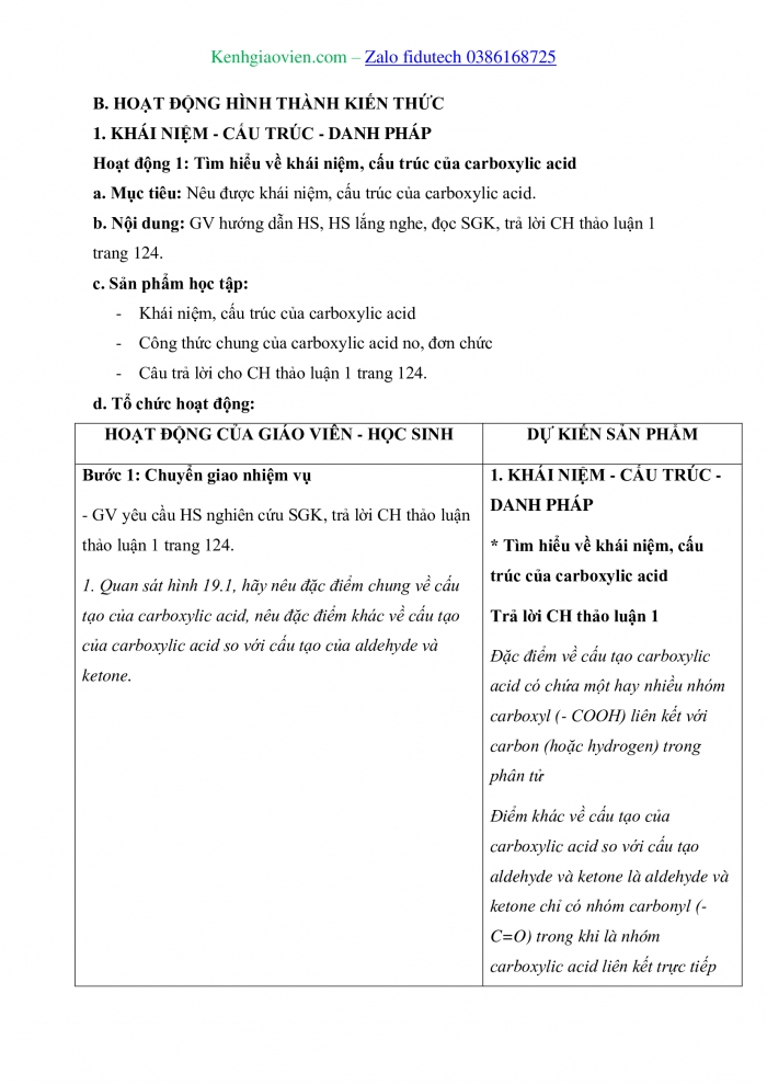 Giáo án và PPT Hoá học 11 chân trời Bài 19: Carboxylic acid