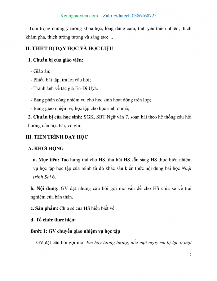 Giáo án và PPT Ngữ văn 7 cánh diều Bài 3: Nhật trình Sol 6 (En-đi Uya)
