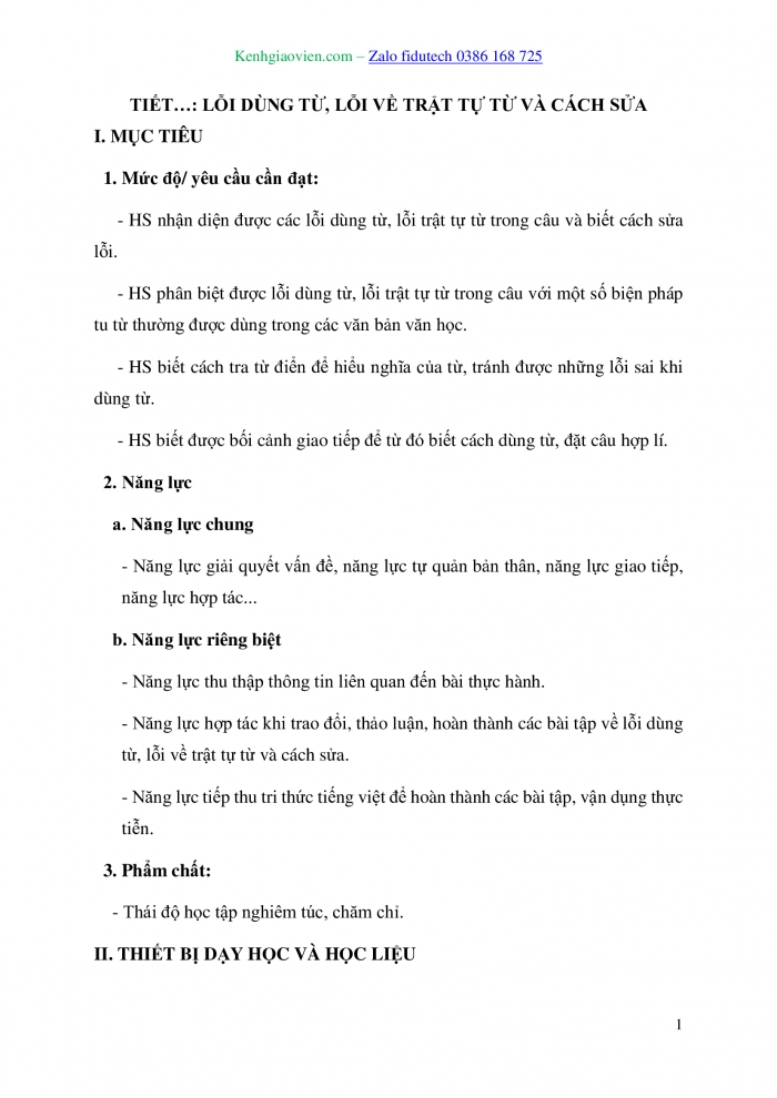 Giáo án và PPT Ngữ văn 10 kết nối Bài 2: Lỗi dùng từ, lỗi về trật tự từ và cách sửa