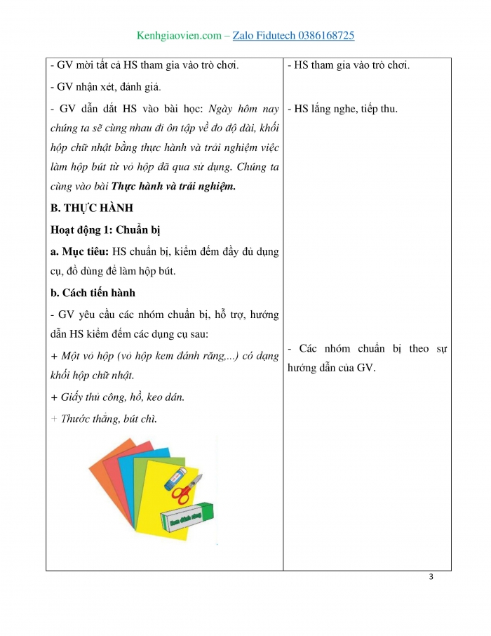 Giáo án và PPT Toán 3 chân trời bài Thực hành và trải nghiệm: Làm hộp bút từ vỏ hộp đã qua sử dụng