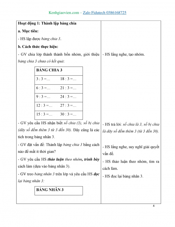 Giáo án và PPT Toán 3 chân trời bài Bảng chia 3